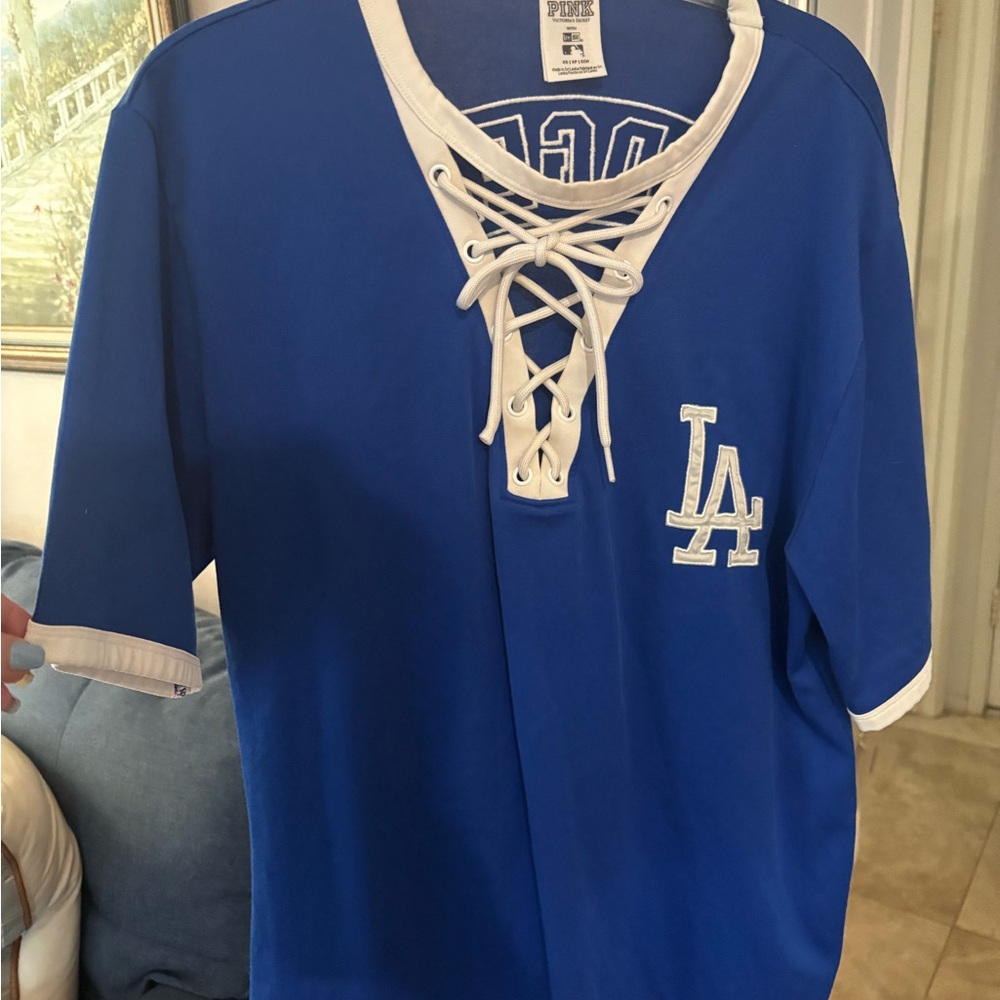 PINK Victoria's Secret Dodgers Royal Blue and White Lace-Up Jersey Tee